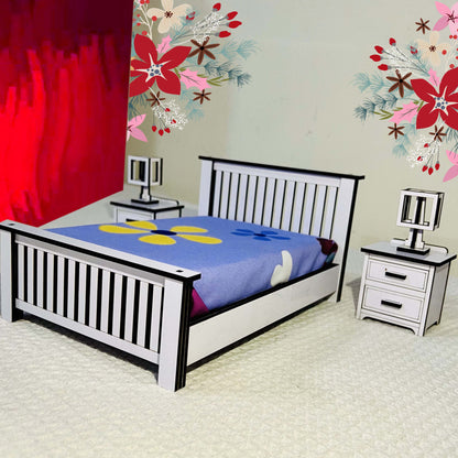 1-12 Scale Bed and Mattress Structure with 2 side tables 2 Lapms for doll house furniture set