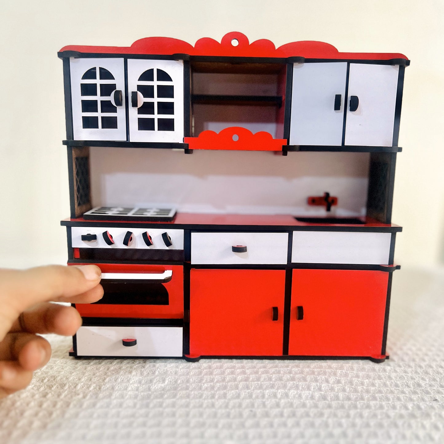 Miniature Kitchen for barbie doll, 1/12 Dollhouse Miniature Wooden Microwave Oven Whole Set Cabinet