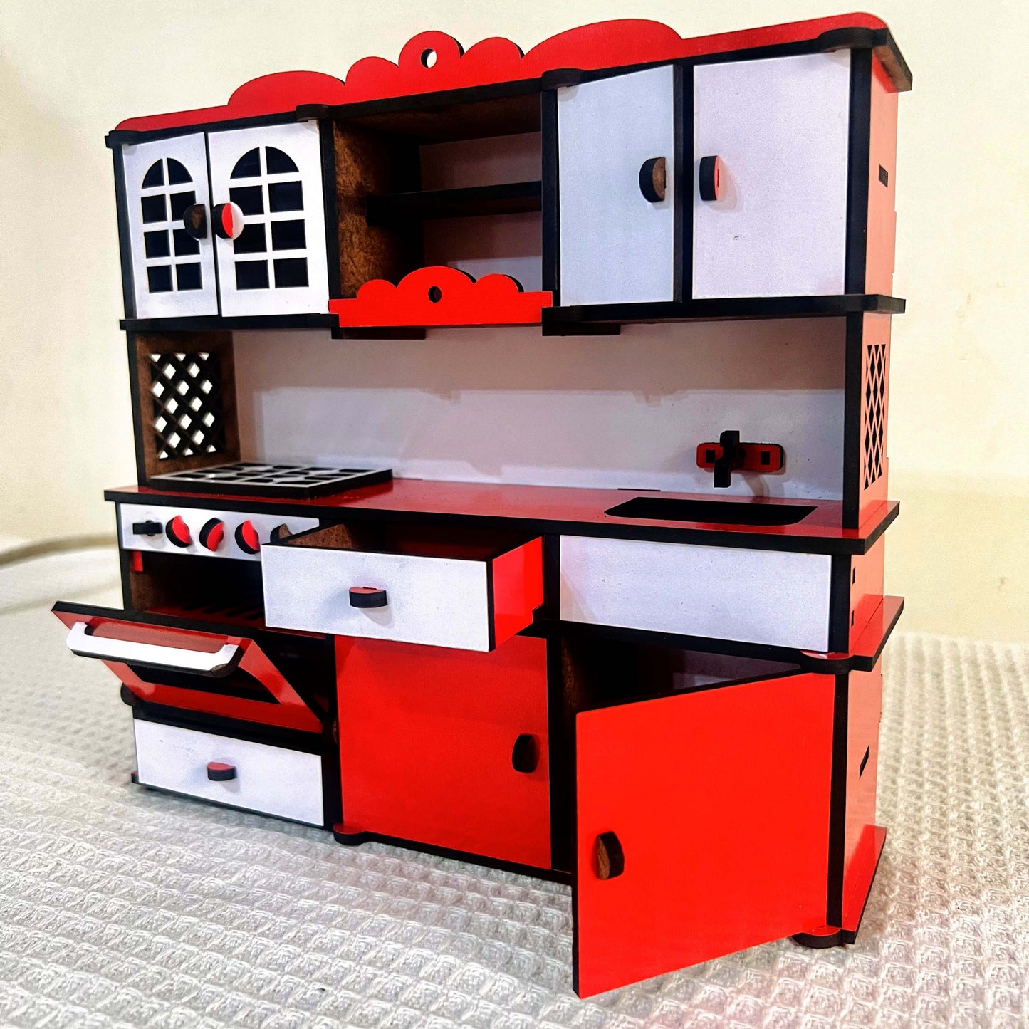 Miniature Kitchen for barbie doll, 1/12 Dollhouse Miniature Wooden Microwave Oven Whole Set Cabinet