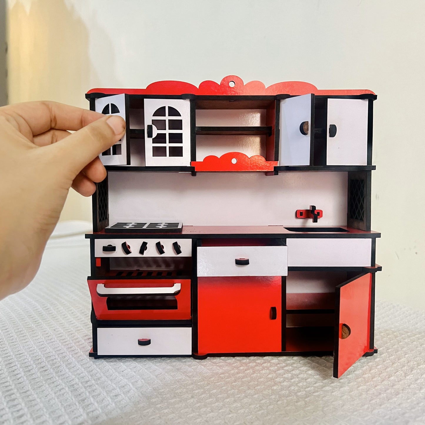 Miniature Kitchen for barbie doll, 1/12 Dollhouse Miniature Wooden Microwave Oven Whole Set Cabinet