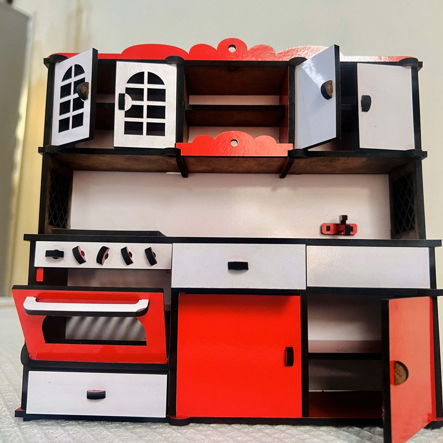 Miniature Kitchen for barbie doll, 1/12 Dollhouse Miniature Wooden Microwave Oven Whole Set Cabinet