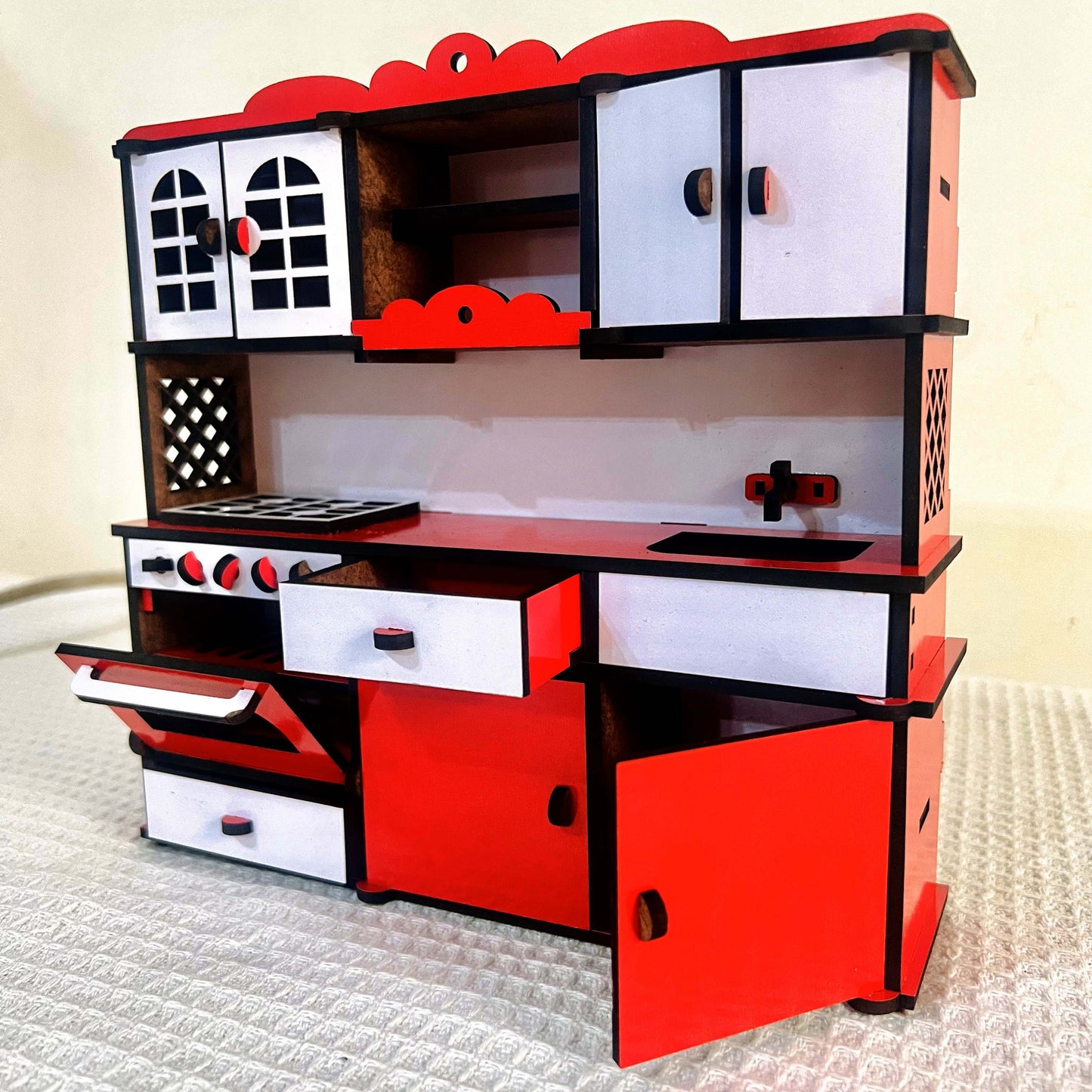 Miniature Kitchen for barbie doll, 1/12 Dollhouse Miniature Wooden Microwave Oven Whole Set Cabinet